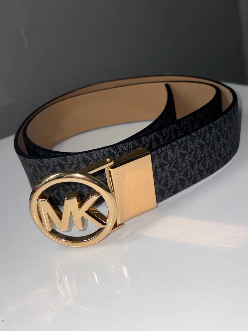 Michael Kors Gold MK Buckle All over Print Belt & Silver Buckle Solid Black Belt